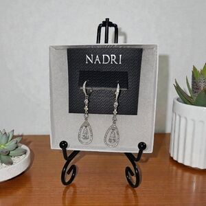Nadri Sparkling Silver Tone & CZ Drop Earrings w Gift Box & Mesh Bag.